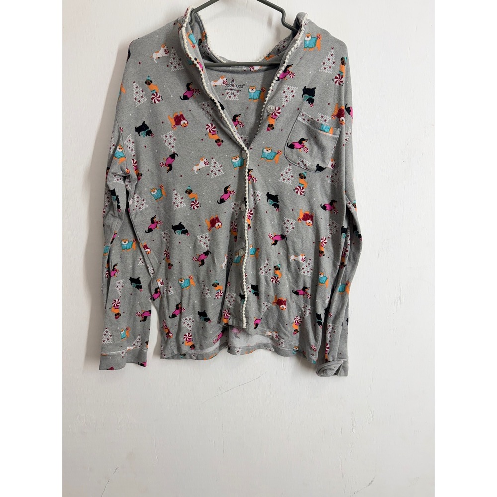 Cuddl Duds Womens Gray Christmas Dog Print Pajama Top Button Front Size M